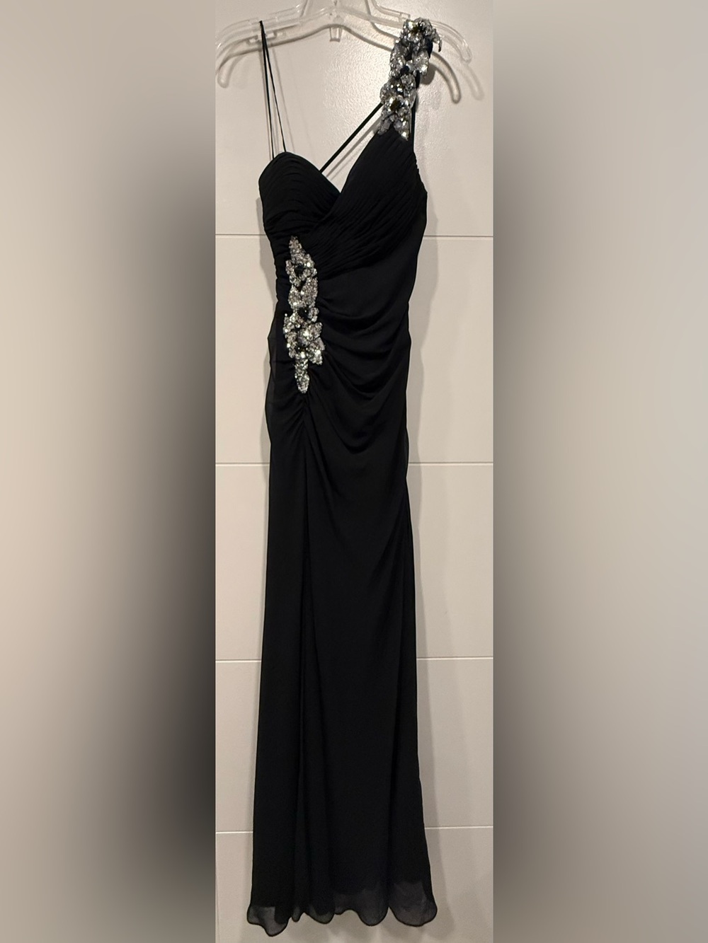 Faviana Black One Shoulder 2010s Evening Gown with Silver Embellishments Size 8